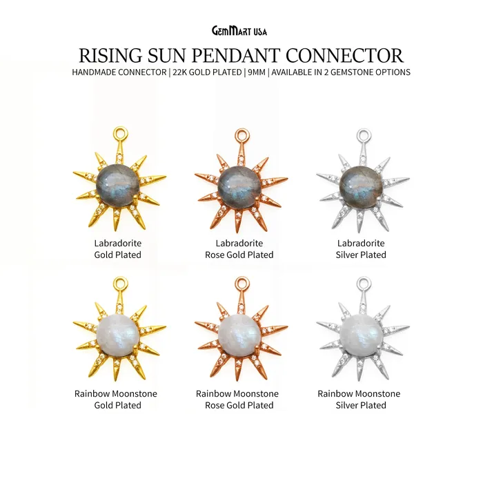 GemMartUSA Necklaces Gemstone Rising Sun Connector Sunburst Pendant Gold Plated 9mm GemMartUSA Necklaces Gemstone Rising Sun Connector Sunburst Pendant Gold Plated 9mm