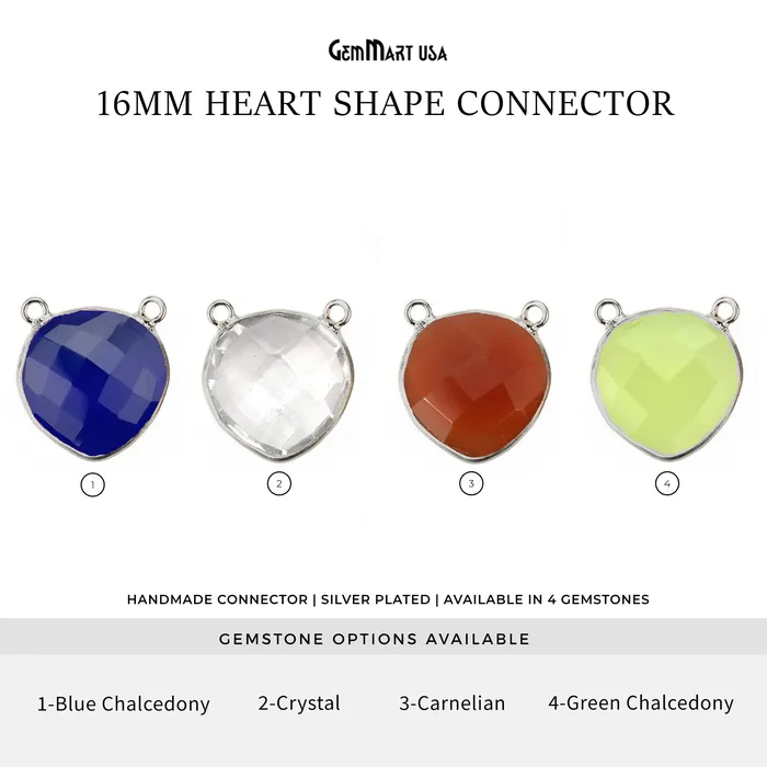 GemMartUSA Necklaces Heart 16mm Cat Bail Silver Bezel Gemstone Connector