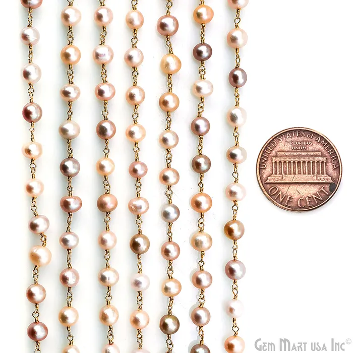GemMartUSA Necklaces Pink Pearl Cabochon Beads 67mm Gold Plated Gemstone Rosary Chain GemMartUSA Necklaces Pink Pearl Cabochon Beads 67mm Gold Plated Gemstone Rosary Chain