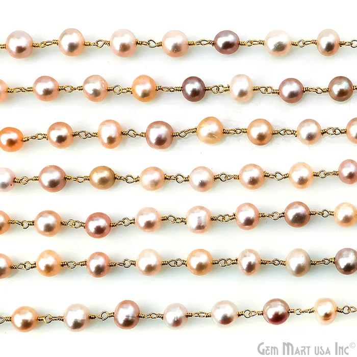 GemMartUSA Necklaces Pink Pearl Cabochon Beads 67mm Gold Plated Gemstone Rosary Chain GemMartUSA Necklaces Pink Pearl Cabochon Beads 67mm Gold Plated Gemstone Rosary Chain