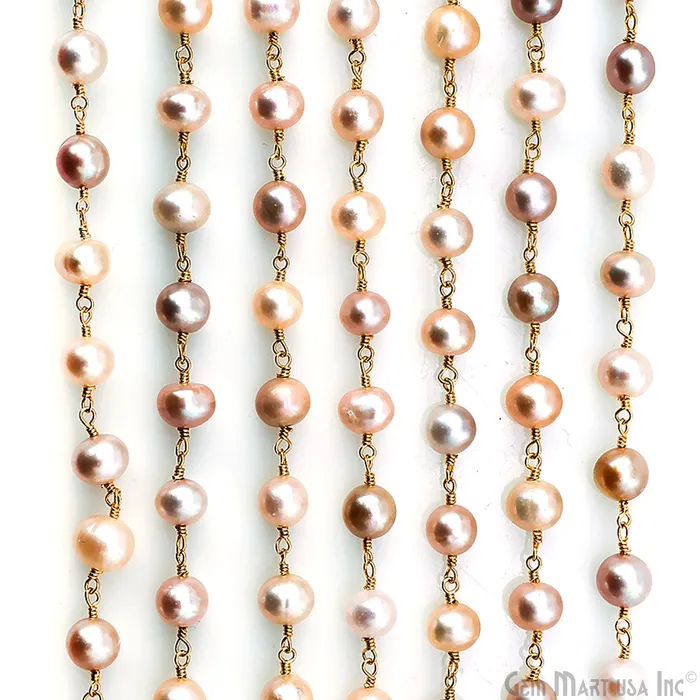 GemMartUSA Necklaces Pink Pearl Cabochon Beads 67mm Gold Plated Gemstone Rosary Chain GemMartUSA Necklaces Pink Pearl Cabochon Beads 67mm Gold Plated Gemstone Rosary Chain