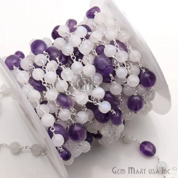 GemmartUSA Necklaces Rainbow Moonstone Amethyst Gemstone Silver Plated Wire Wrapped Rosary Chain GemmartUSA Necklaces Rainbow Moonstone Amethyst Gemstone Silver Plated Wire Wrapped Rosary Chain