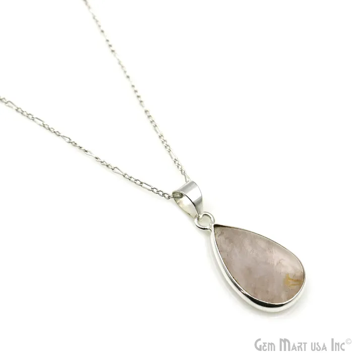 GemMartUSA Necklaces Rose Quartz Gemstone Pears 29x15mm Sterling Silver Necklace Pendant 1PC