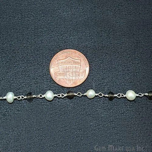 GemMartUSA Necklaces Smoky Topaz With Pearl Silver Plated Wire Wrapped Beads Rosary Chain
