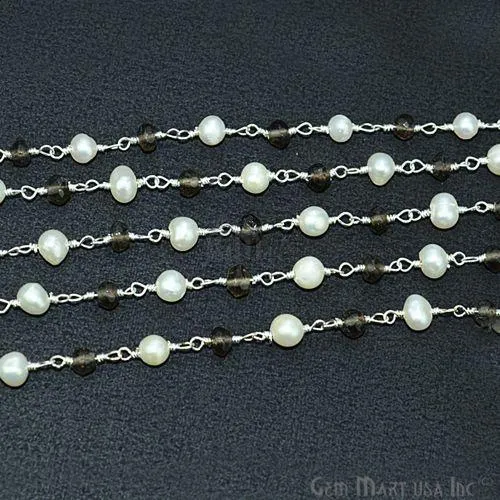 GemMartUSA Necklaces Smoky Topaz With Pearl Silver Plated Wire Wrapped Beads Rosary Chain