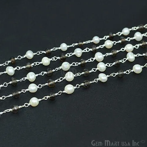 GemMartUSA Necklaces Smoky Topaz With Pearl Silver Plated Wire Wrapped Beads Rosary Chain