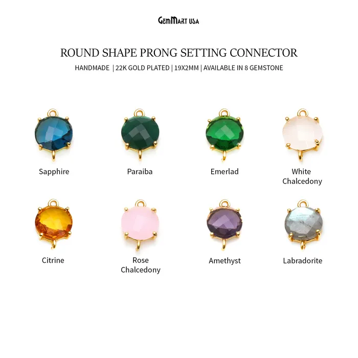 GemMartUSA Rings Faceted Round 12mm Prong Gold Plated Double Bail Connector