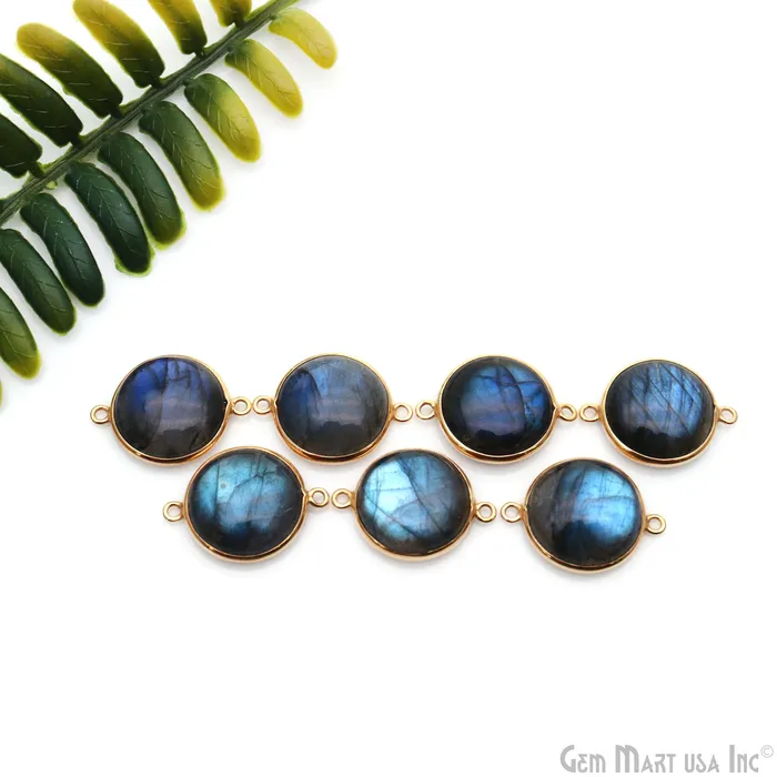 GemmartUSA Rings Flashy Labradorite Cabochon 16mm Round Double Bail Gold Plated Gemstone Connector