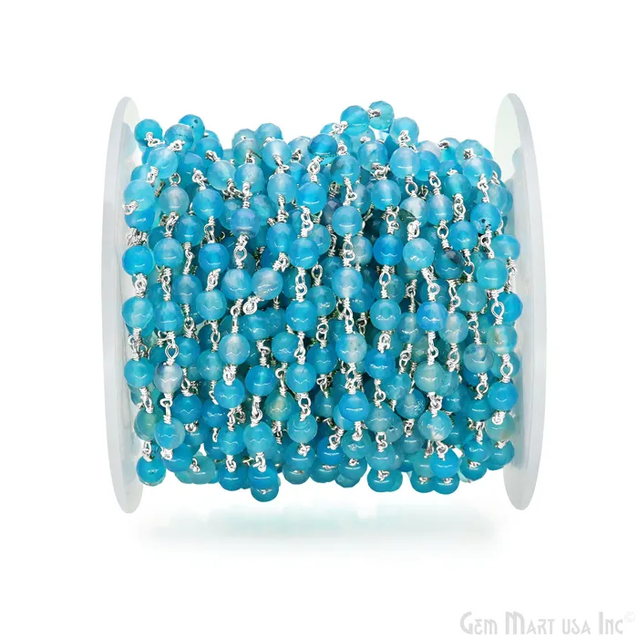 GemmartUSA Rings Sky Blue Jade 6mm Silver Plated Wire Wrapped Rosary Chain