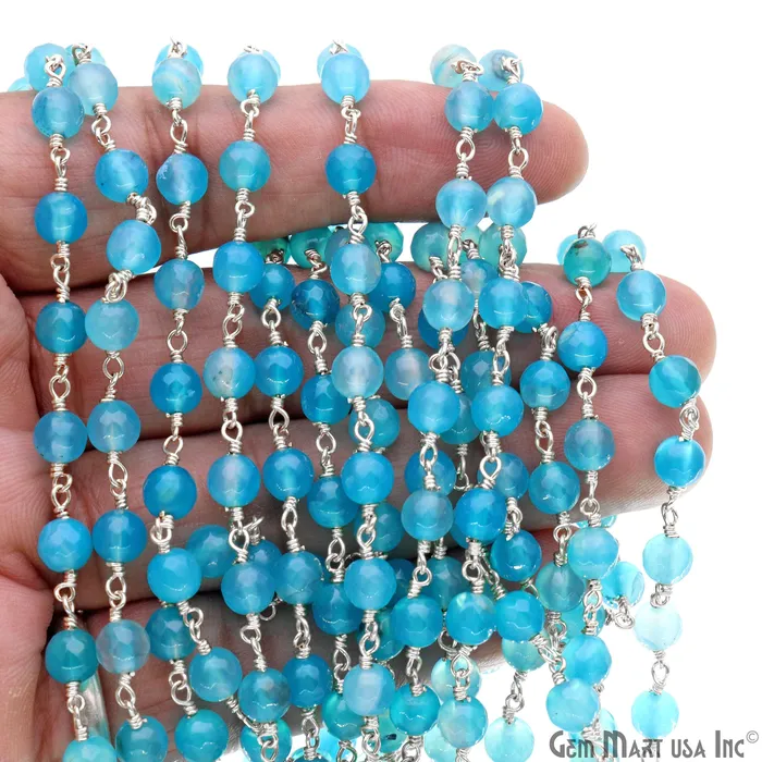 GemmartUSA Rings Sky Blue Jade 6mm Silver Plated Wire Wrapped Rosary Chain GemmartUSA Rings Sky Blue Jade 6mm Silver Plated Wire Wrapped Rosary Chain