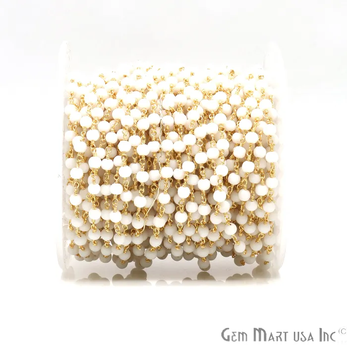 GemMartUSA Rings White Agate Matte Beads 4mm Round Gold Wire Wrapped Rosary Chain