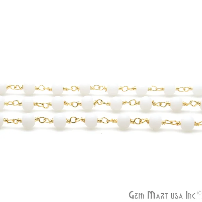 GemMartUSA Rings White Agate Matte Beads 4mm Round Gold Wire Wrapped Rosary Chain