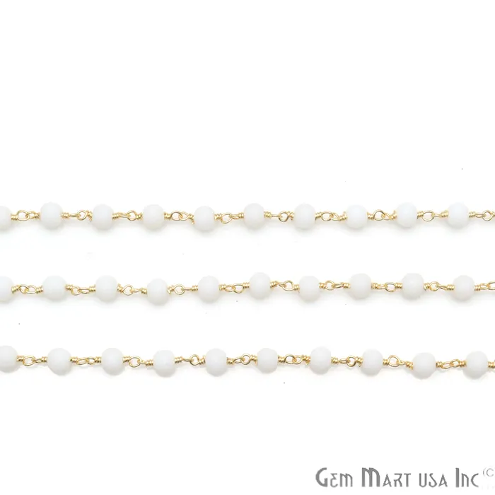 GemMartUSA Rings White Agate Matte Beads 4mm Round Gold Wire Wrapped Rosary Chain