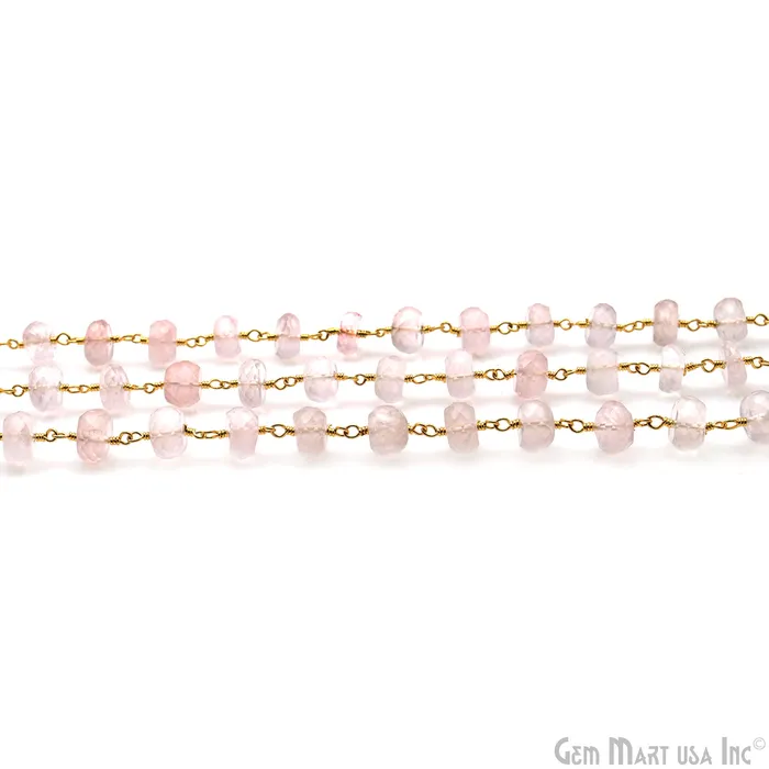 GemMartUSA Rose Quartz 78mm Beads Faceted Gold Wire Wrapped Rosary Chain Necklaces GemMartUSA Rose Quartz 78mm Beads Faceted Gold Wire Wrapped Rosary Chain Necklaces