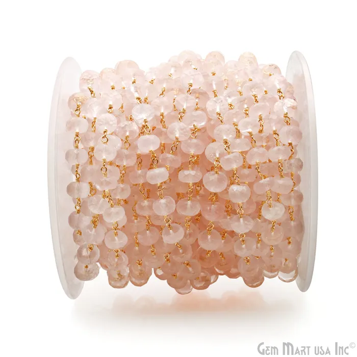 GemMartUSA Rose Quartz 78mm Beads Faceted Gold Wire Wrapped Rosary Chain Necklaces GemMartUSA Rose Quartz 78mm Beads Faceted Gold Wire Wrapped Rosary Chain Necklaces