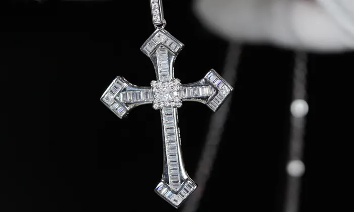Iced Out Cross Pendant Silver Baguette Diamond Cross Pendant My Store Necklaces