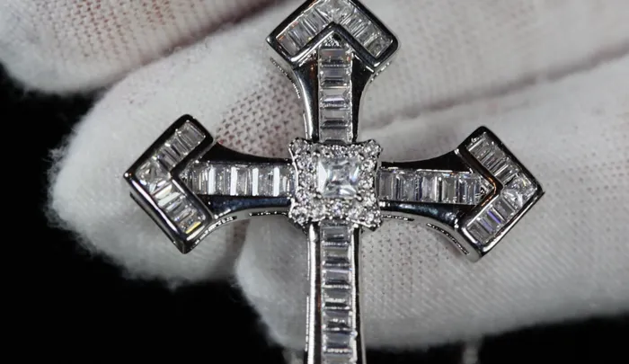 Iced Out Cross Pendant Silver Baguette Diamond Cross Pendant My Store Necklaces