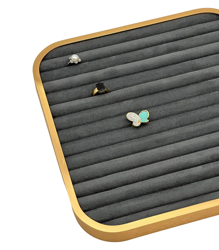 JPI Display Rings 11 58 x 11 58 Gold Brushed Aluminum Gray Velvet 14 Row Ring Display Tray JPI Display Rings 11 58 x 11 58 Gold Brushed Aluminum Gray Velvet 14 Row Ring Display Tray