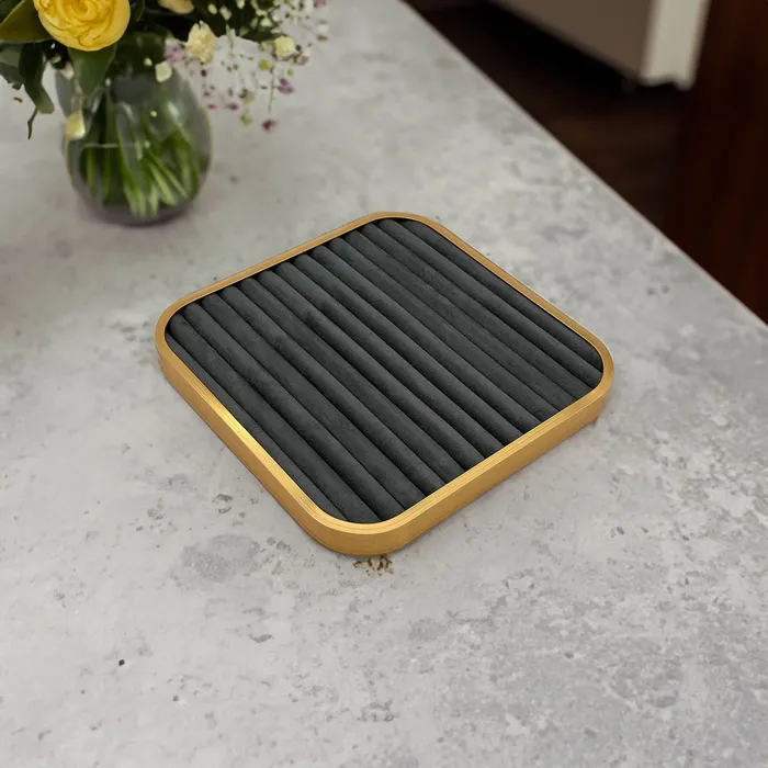 JPI Display Rings 11 58 x 11 58 Gold Brushed Aluminum Gray Velvet 14 Row Ring Display Tray JPI Display Rings 11 58 x 11 58 Gold Brushed Aluminum Gray Velvet 14 Row Ring Display Tray