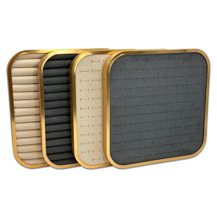 JPI Display Rings 11 58 x 11 58 Gold Brushed Aluminum Gray Velvet 14 Row Ring Display Tray JPI Display Rings 11 58 x 11 58 Gold Brushed Aluminum Gray Velvet 14 Row Ring Display Tray