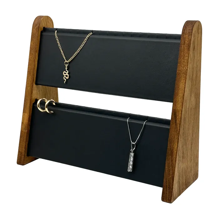 JPIDisplay Necklaces 2 Tier Dark Oak Wood and Black Leatherette Necklace Jewelry Display