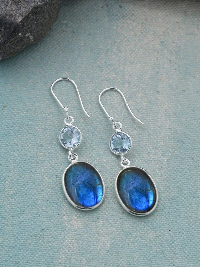 Labradorite Blue Topaz Solid 925 Sterling Silver Dangle Earrings Jewelry YoTreasure Earrings