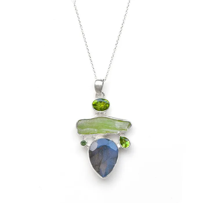 Labradorite Green Kyanite Solid 925 Sterling Silver Pendant Necklace YoTreasure Necklaces Labradorite Green Kyanite Solid 925 Sterling Silver Pendant Necklace YoTreasure Necklaces