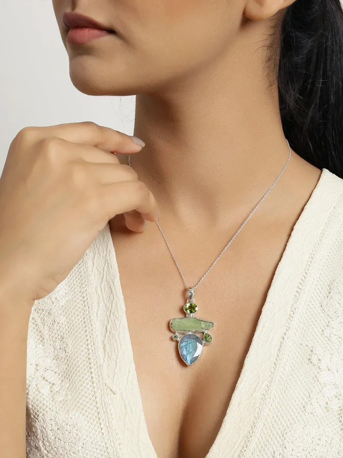 Labradorite Green Kyanite Solid 925 Sterling Silver Pendant Necklace YoTreasure Necklaces
