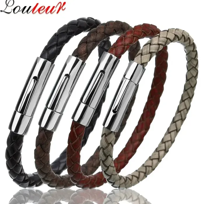 Mens Multicolor Stainless Steel Button Leather Bracelet Braided Leather Magnetic Clasp Chain Link Type SWEET T 52 Bracelets Mens Multicolor Stainless Steel Button Leather Bracelet Braided Leather Magnetic Clasp Chain Link Type SWEET T 52 Bracelets