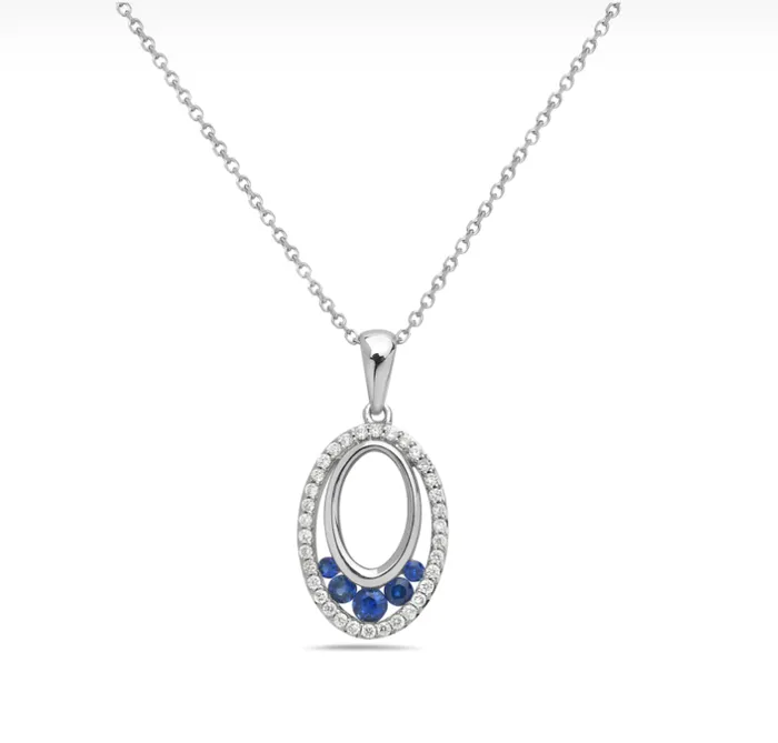 Necklaces 14k White Gold Diamond High Polish Double Oval Necklace with Sapphire Accents I8508 Bassali Necklaces 14k White Gold Diamond High Polish Double Oval Necklace with Sapphire Accents I8508 Bassali
