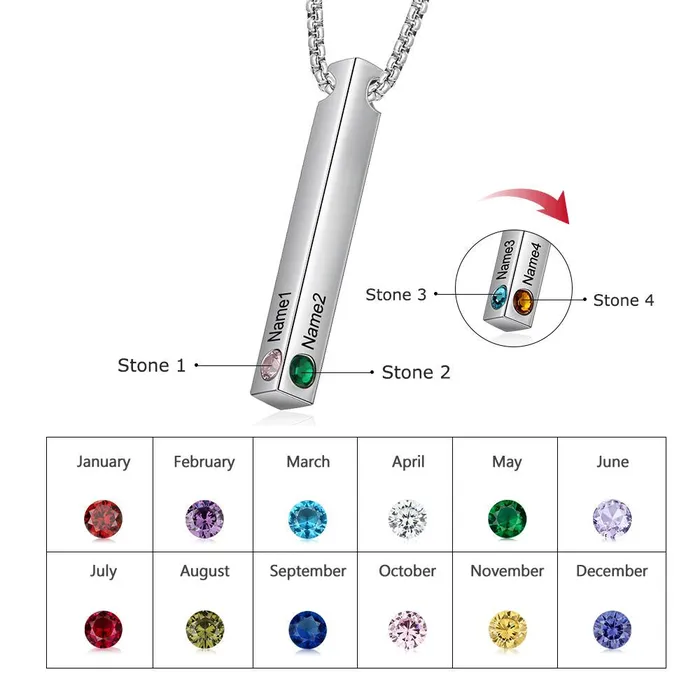 Necklaces customjewelryan Personalized Stainless Steel Custom Name Bar Necklace Engrave Name Custom 4 Sides Birthstone Vertical Bar Pendant
