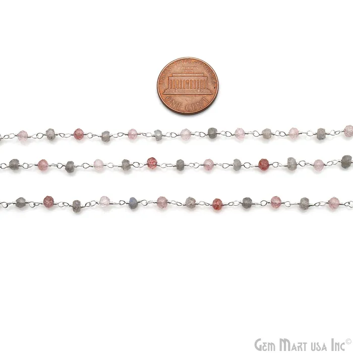 Necklaces GemMartUSA Labradorite Strawberry Quartz Beads 335mm Silver Plated Wire Wrapped Rosary Chain