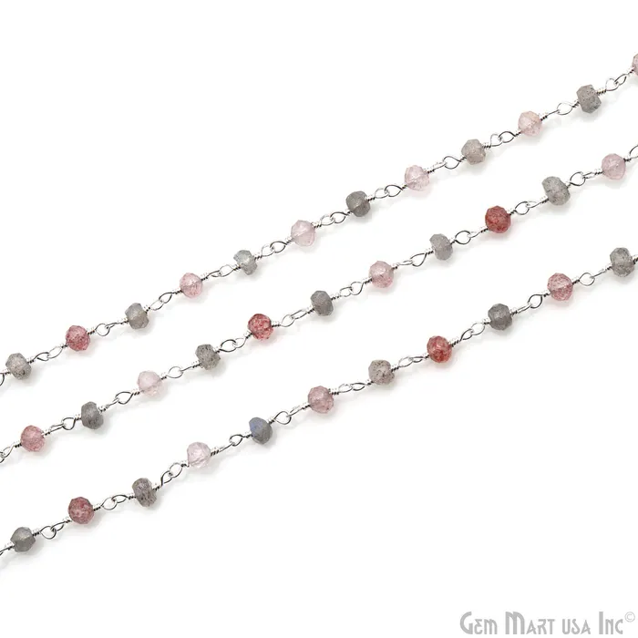 Necklaces GemMartUSA Labradorite Strawberry Quartz Beads 335mm Silver Plated Wire Wrapped Rosary Chain