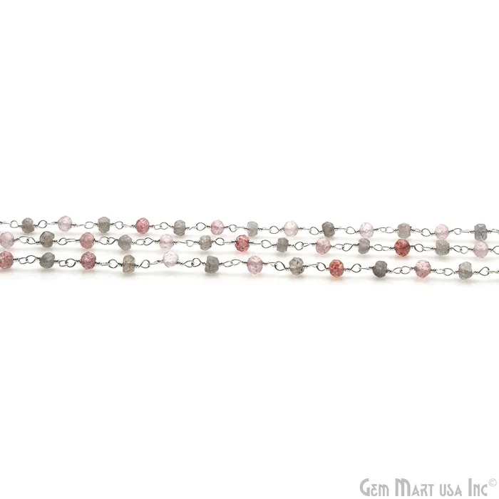 Necklaces GemMartUSA Labradorite Strawberry Quartz Beads 335mm Silver Plated Wire Wrapped Rosary Chain