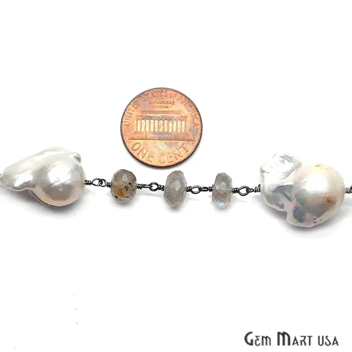 Necklaces GemMartUSA Labradorite With Pearl Beads Oxidized Wire Wrapped Rosary Chain