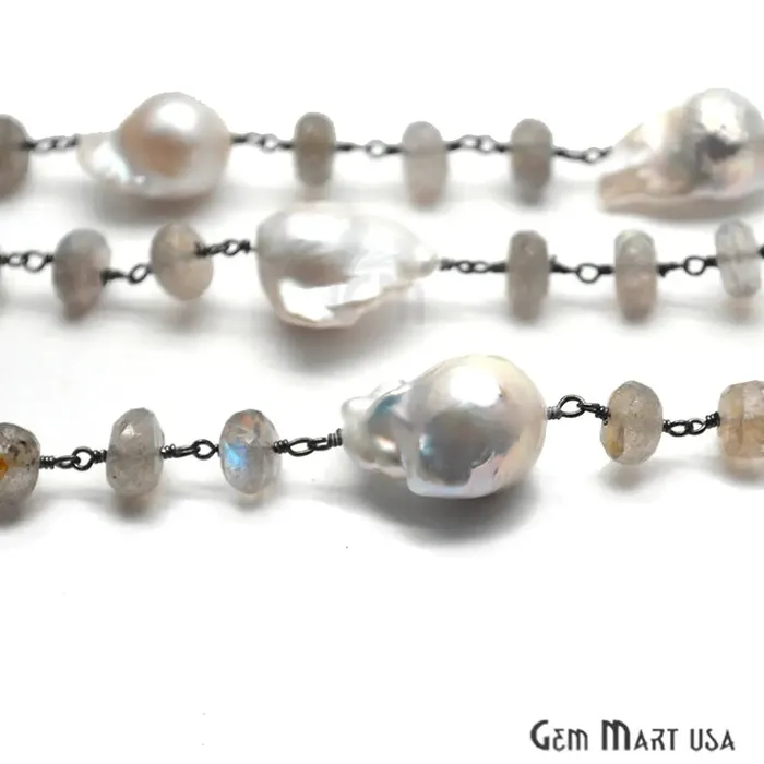 Necklaces GemMartUSA Labradorite With Pearl Beads Oxidized Wire Wrapped Rosary Chain