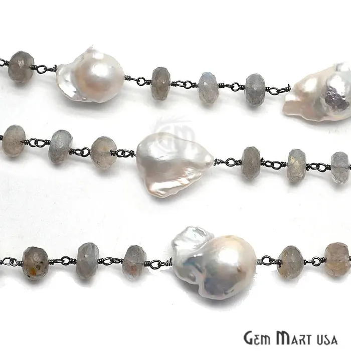 Necklaces GemMartUSA Labradorite With Pearl Beads Oxidized Wire Wrapped Rosary Chain