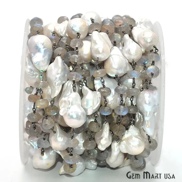 Necklaces GemMartUSA Labradorite With Pearl Beads Oxidized Wire Wrapped Rosary Chain