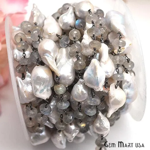 Necklaces GemMartUSA Labradorite With Pearl Beads Oxidized Wire Wrapped Rosary Chain