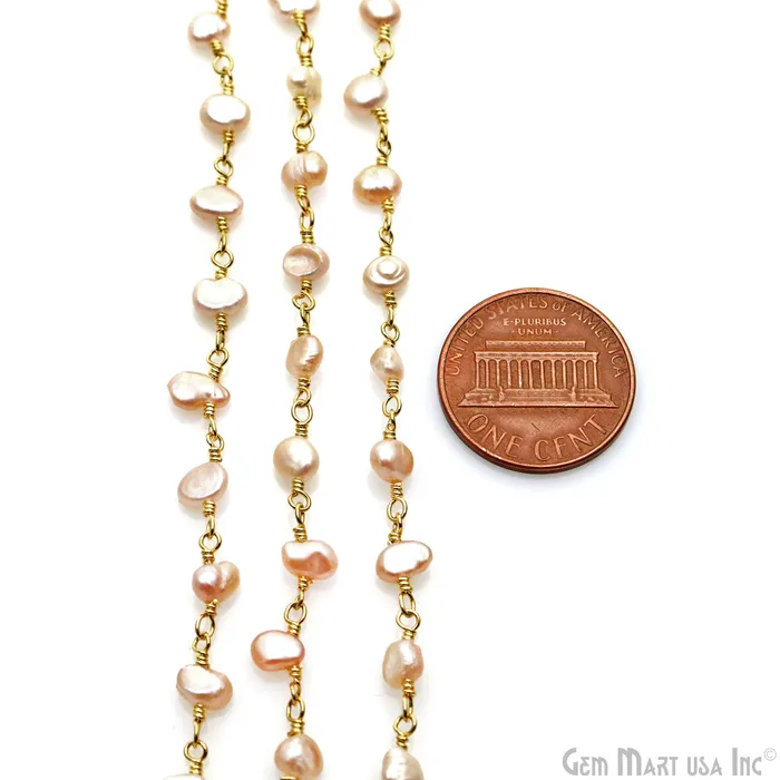 Necklaces GemMartUSA Pink Pearl Free Form 56mm Gold Wire Wrapped Beads Rosary Chain Necklaces GemMartUSA Pink Pearl Free Form 56mm Gold Wire Wrapped Beads Rosary Chain