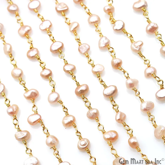 Necklaces GemMartUSA Pink Pearl Free Form 56mm Gold Wire Wrapped Beads Rosary Chain Necklaces GemMartUSA Pink Pearl Free Form 56mm Gold Wire Wrapped Beads Rosary Chain