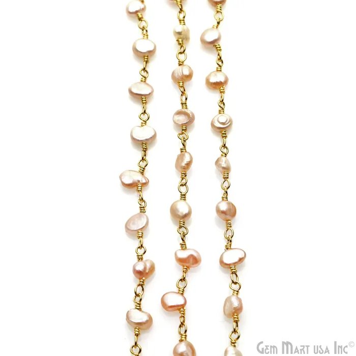 Necklaces GemMartUSA Pink Pearl Free Form 56mm Gold Wire Wrapped Beads Rosary Chain Necklaces GemMartUSA Pink Pearl Free Form 56mm Gold Wire Wrapped Beads Rosary Chain