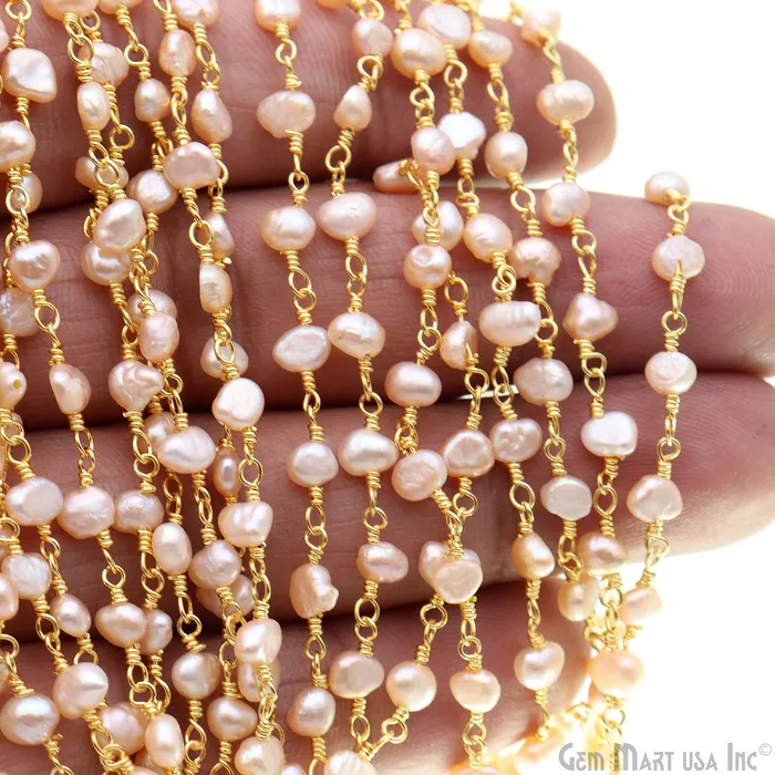 Necklaces GemMartUSA Pink Pearl Free Form 56mm Gold Wire Wrapped Beads Rosary Chain Necklaces GemMartUSA Pink Pearl Free Form 56mm Gold Wire Wrapped Beads Rosary Chain