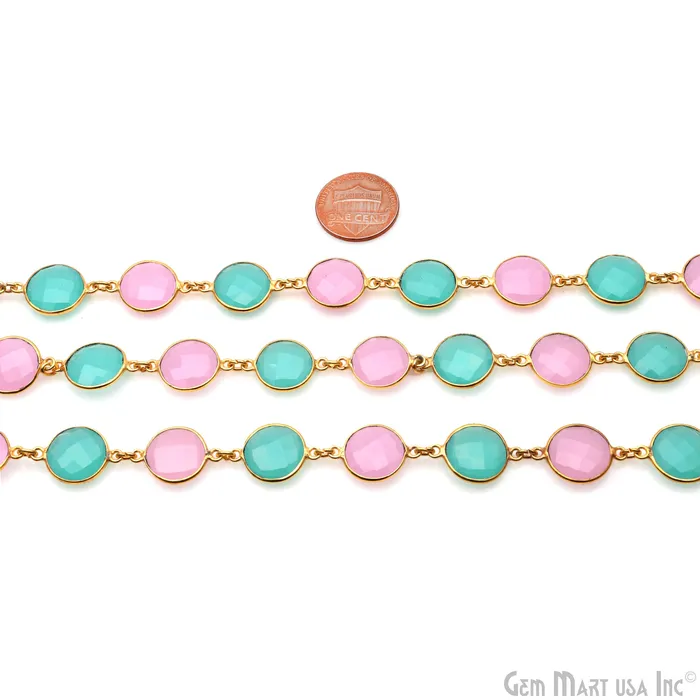 Necklaces GemMartUSA Rose With Aqua Chalcedony Round 12mm Gold Plated Continuous Connector Chain Necklaces GemMartUSA Rose With Aqua Chalcedony Round 12mm Gold Plated Continuous Connector Chain