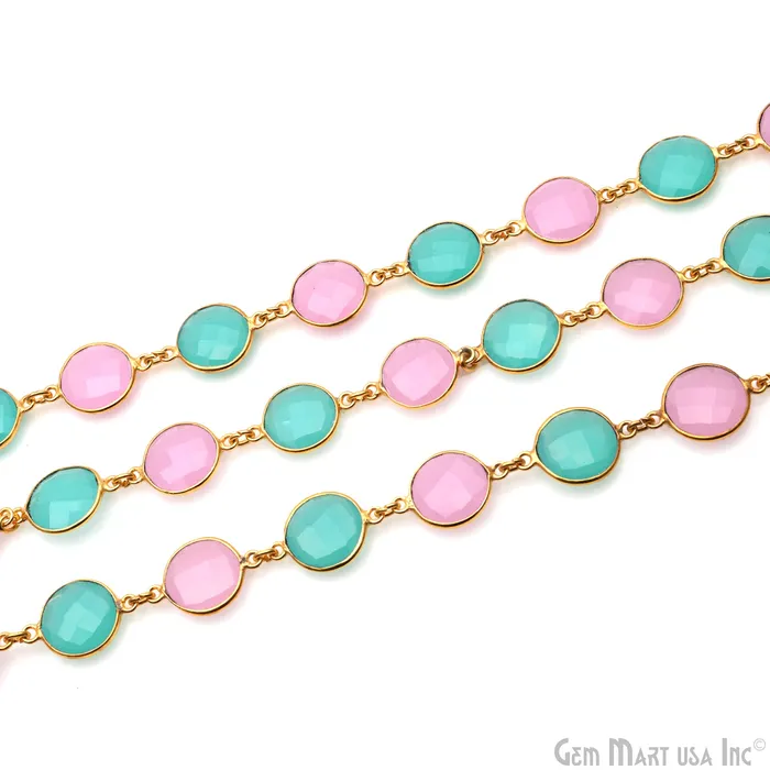 Necklaces GemMartUSA Rose With Aqua Chalcedony Round 12mm Gold Plated Continuous Connector Chain Necklaces GemMartUSA Rose With Aqua Chalcedony Round 12mm Gold Plated Continuous Connector Chain