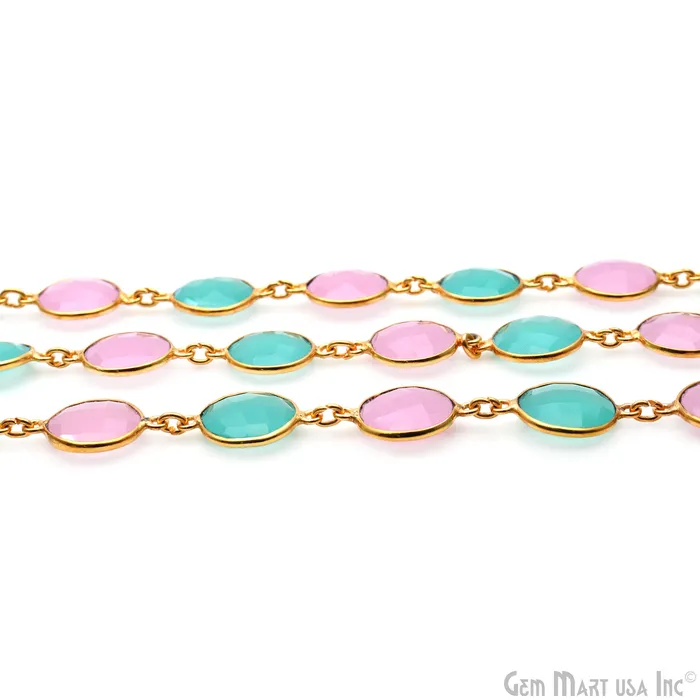 Necklaces GemMartUSA Rose With Aqua Chalcedony Round 12mm Gold Plated Continuous Connector Chain Necklaces GemMartUSA Rose With Aqua Chalcedony Round 12mm Gold Plated Continuous Connector Chain