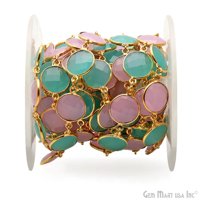 Necklaces GemMartUSA Rose With Aqua Chalcedony Round 12mm Gold Plated Continuous Connector Chain Necklaces GemMartUSA Rose With Aqua Chalcedony Round 12mm Gold Plated Continuous Connector Chain