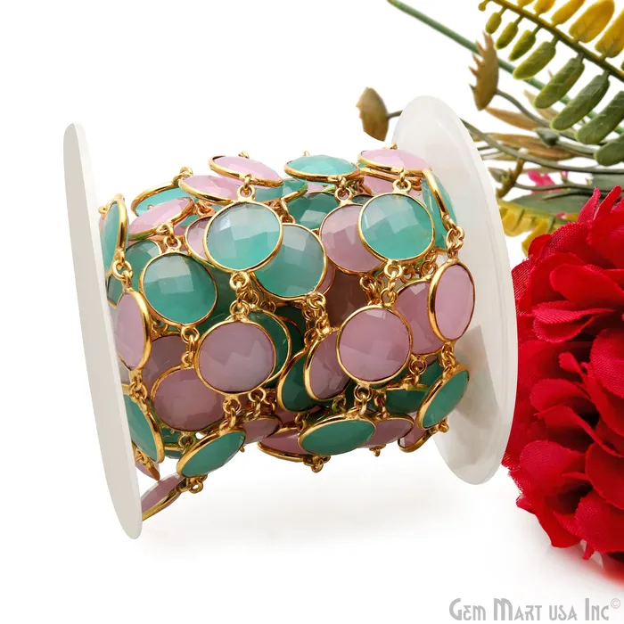 Necklaces GemMartUSA Rose With Aqua Chalcedony Round 12mm Gold Plated Continuous Connector Chain Necklaces GemMartUSA Rose With Aqua Chalcedony Round 12mm Gold Plated Continuous Connector Chain