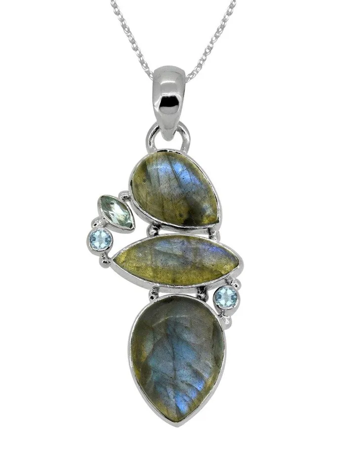 Necklaces YoTreasure 209 Labradorite Blue Topaz Long Chain Gemstone pendant Necklaces YoTreasure 209 Labradorite Blue Topaz Long Chain Gemstone pendant