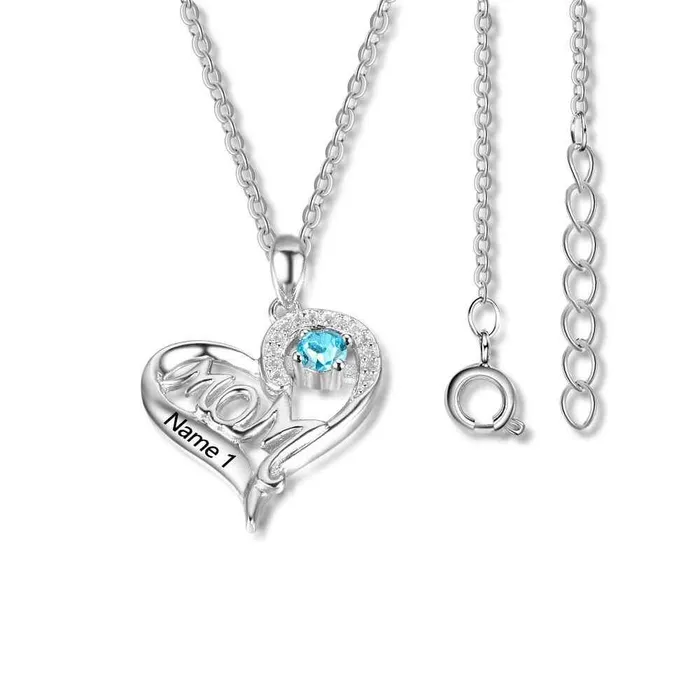 Personalized Jewel Necklaces Personalized 925 Sterling Silver Birthstone Necklace with Mom Shape Love and Heart Jewelry Best Gift for Mom
